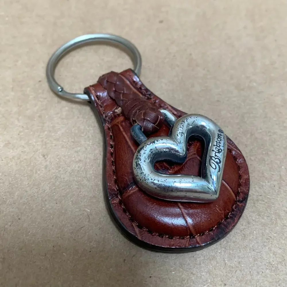 Vintage BRIGHTON ONE WORLD Brown Leather Key Ring Key Fob with HEART Charm